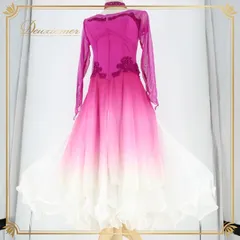 社交ダンス 衣装 スタンダード ドレス ワンピース パーティドレス 紫 白 ホワイト系 アカツキ商事 パープル系 チョーカー デモ レース ラインストーン 長袖 優雅な広がり 三層スカート 伸縮性 胸パッド付き おそろい ミディアム丈 イベント用