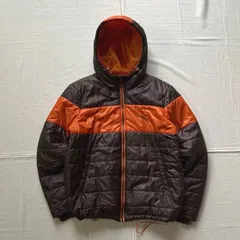 00s　archive　アーカイブ　PUMA　プーマ　フルジップアップ　光沢感　中綿ジャケット　忍者型フード　ピューマロゴ刺繍　裾・首元ドローコード　ドロスト　L　ブラウン×オレンジ　平成ギャル　グランジ　Y2K　bicolor puffer jacket