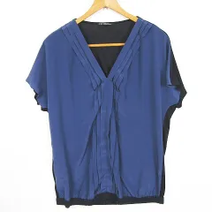 23区 オンワード樫山 プル ブラウス Vネック 半袖 40 ブルー ネイビー kz10527