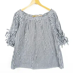アースミュージック&エコロジー EARTH MUSIC & ECOLOGY オフショルダー ブラウス 七分袖 綿 F ブラック ギンガムチェック リボン kz11127