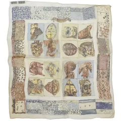 エルメス HERMES スカーフ カレ45 PERSONA 仮面 レディース メンズ ブランド シルク ベージュ ブラウン ブルー シアー 透け感 お面 民族 【中古】