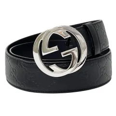 グッチ GUCCI ベルト メンズ ブランド インターロッキング シマ レザー ブラック 411924 シルバー GGロゴ シンプル 【中古】