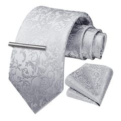 [HISDERN] 結婚式 ネクタイ メンズ シルバー 花柄 ネクタイ チーフ タイクリップ 3点セット 礼服用 ビジネス 就活 卒業式 プレゼント A3-02