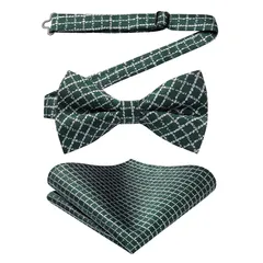 [HISDERN] 蝶ネクタイ メンズ ワンタッチ ボウタイ - チェック グリーン 緑 フォーマル 結婚式 パーティー チーフ セット 簡単着脱 調節可能 bowtie BC1547G BR-01
