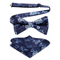 [HISDERN] 紺 蝶ネクタイ メンズ 結婚式 大人 ワンタッチ ポケットチーフ セット ペイズリー柄 花柄 おしゃれ ボウタイ ビジネス フォーマル ブランド 高級 礼服 プレゼント 男性 BR-02