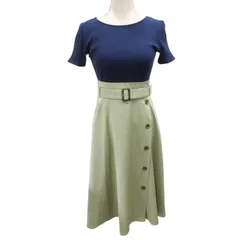 ナチュラルビューティーベーシック NATURAL BEAUTY BASIC ドッキングワンピース リブニット 切替 ストレッチ フレア 半袖 ロング S ネイビー グリーン 系 0826