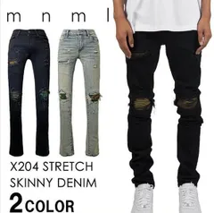 mnml X204 カモ柄ダメージストレッチスキニーデニムパンツ 【BLACK】【BLUE】【28〜32】