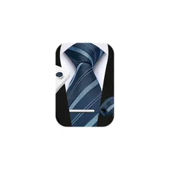 [HISDERN] ネイビー ネクタイ メンズ ブルービジネス ネクタイ チーフ タイピン カフスボタン 4点セット ストライプ柄 入学式 二次会 父の日 プレゼント 就活 A4-02