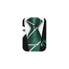 [HISDERN] ネクタイ メンズ ビジネス ネクタイ チーフ タイピン カフスボタン 4点セット グリーン ストライプ柄 就活 入学式 卒業式 二次会 パーティー 父の日 A4-02