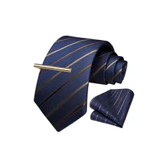 [HISDERN] フォーマルネクタイ チーフ セット メンズ ストライプ柄 ネイビー ネクタイ チーフ タイクリップ 3点セット ビジネス 就活 卒業式 紳士用 プレゼント A3-02