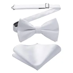 [HISDERN] ホワイト 蝶ネクタイ 結婚式 メンズ 無地 大人 ワンタッチ ボウタイ チーフ セット 絹シルク ストライプ 結婚式 クリップ式 簡単着脱 入学式 礼服 パーティー ブランド BR-03