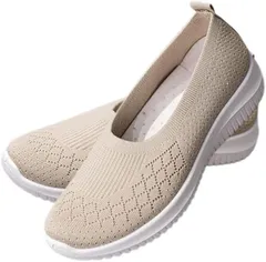 DeerLuxe ニットスニーカー メッシュ 通気性 レディース カジュアル スリッポン (C.ベージュ, 24.5 cm)