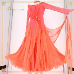 社交ダンス 衣装 スタンダード ドレス ワンピース パーティドレス lovely dancing フロート 長袖 レース 花柄 オレンジ系 レッド系 鮮やか フリル 伸縮性 ダンス衣装 日本製 チョーカー付き セクシー エレガント 上品 おしゃれ