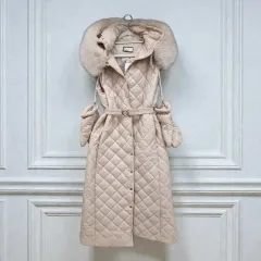 新品 ) キルティング ロング ダウン ベスト フェイクファー フード F