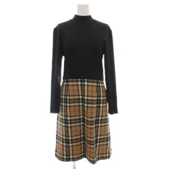 ヨークランド YORKLAND ヴィンテージ ニットワンピース ハイネック 切り替えデザイン チェック柄 長袖 黒 ブラック 茶 ブラウン /NU ■YHS11