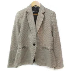 ザラ ZARA テーラードジャケット ミドル丈 総裏地 シングルボタン 千鳥格子柄 マルチカラー 36 S ベージュ 黒 ブラック /FF8