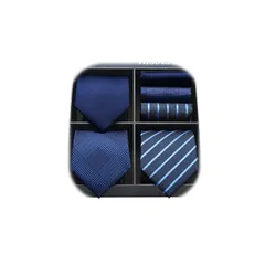 [HISDERN] 青 ネクタイ 3本 セット ネクタイ チーフ メンズ 紺色 シルク 就活用 礼服 卒業式 ギフトボックス付き プレゼント 父の日 彼氏 T3-02