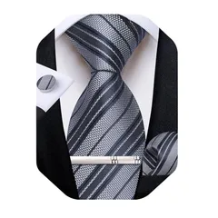 [DiBanGu] ネクタイ ストライプ ハンカチ タイピン セット 洗濯可能 入学式 ビジネス 二次会, シルバーグレー