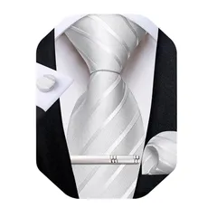 [DiBanGu] ネクタイ ストライプ ハンカチ タイピン セット 洗濯可能 入学式 ビジネス 二次会, ホワイト