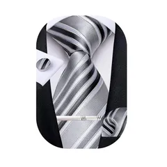 [DiBanGu] ネクタイ結婚式シルク ストライプグレー ハンカチ タイピン セットパーティー フォーマル