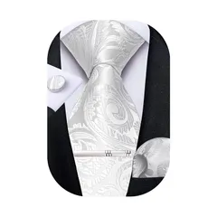 [DiBanGu] メンズ ネクタイ 結婚式シルク 白いペイズリー ハンカチ タイピン セット 洗濯可能 パーティー 二次会