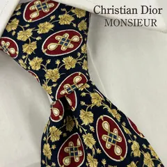 《美品》Christian Dior MONSIEUR (クリスチャン ディオール ムッシュ) シルクネクタイ フランス製 総柄 ペイズリー 葉 幾何学  円 モチーフ ネイビー ゴールド レッド