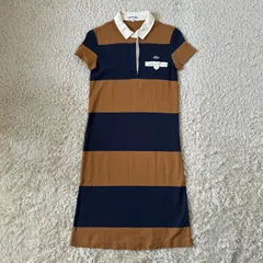 送料込み】ラコステ　ポロシャツワンピース　ポロワンピ　ワニ刺繍　ワンポイント　38  LACOSTE ボーダー 太ボーダー　ワニ　胸ポケット　マルチカラー　ボタンロゴ入り　ファブリカ　日本製