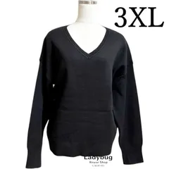 GU　レディース　Vネックニット　長袖　スムースVネックセーター　厚手　3XL　黒　ブラック