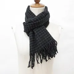 ポロ ラルフローレン POLO RALPH LAUREN マフラー ストール フリンジ チェック ウール カシミヤ ブラック グレー ☆AA★