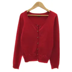 ミッシュマッシュ MISCH MASCH ニットカーディガン ミドル丈 ラウンドネック 無地 花柄 刺繍 38 M 赤 レッド /YS13