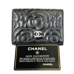【近年モデル・希少美品】CHANEL シャネル ココマーク ラムスキン カメリア スモール フラップ ウォレット Wホック ダブル 三つ折り 財布 27番台 シルバー金具 ブラック ミニ コンパクト レザー 本革 レディース 2019年製 花柄 椿 人気