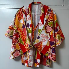 9〜10歳目安　キッズ羽織　ポリエステル　赤　ピンク　小豆色　紫　花柄　キッズ　モダン　洗える着物