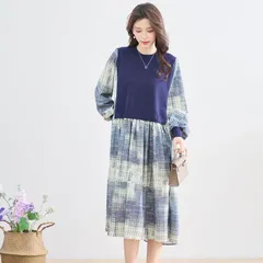 【再入荷】【M~L】異素材プリントドッキングワンピース(N83-086)