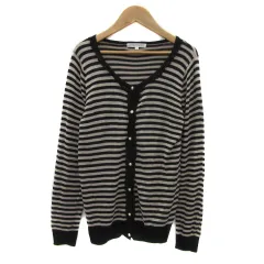 グローブ grove ニットカーディガン ミドル丈 ラウンドネック ボーダー柄 レース M 黒 ブラック ベージュ /YS17