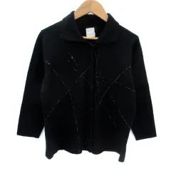 アイシービー iCB ニットカーディガン ミドル丈 ラウンドカラー スパンコール ウール S 黒 ブラック /SM10