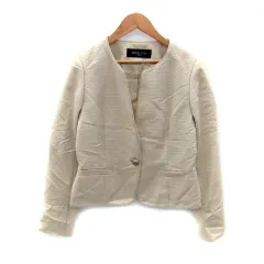 ミッシェルクラン MICHEL KLEIN ノーカラージャケット ミドル丈 ボーダー柄 38 M ベージュ /SY45