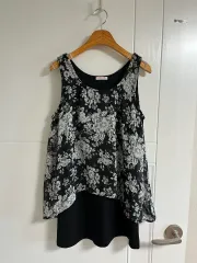 (日本 ヴィンテージ)ブラック ノースリーブ ブラウス 2重 インナー 花 L