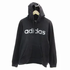 アディダス adidas パーカー プルオーバー ミドル丈 ロゴプリント 裏起毛 L 黒 ブラック 白 ホワイト /YS38