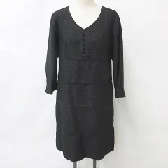 Cara ワンピース 七分袖 Vネック ひざ丈 フレア バックファスナー レース 黒 ブラック LLC