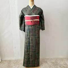 ウール着物　初心者セット　ウール着物・名古屋帯・帯締め　帯揚げセット　深緑　青緑　赤い小物　幾何学文様　柄　　ヴィンテージ着物　japan kimono 　　#きもの猫田　T445
