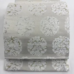 【美品】 袋帯 名品 草花 段縞 金銀糸 唐織 ベージュ 六通 正絹 【中古】