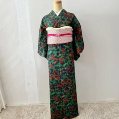 ウール着物　初心者セット　ウール着物・名古屋帯・帯締め　帯揚げセット　深緑　〜　黒　モダン　ヴィンテージ着物　japan kimono 　　#きもの猫田　T444