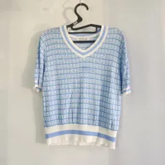 c4 FOCUS Vネック 半袖 ニット ブルー CHECK 金属繊維 Free!