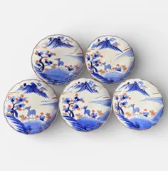【5客セット】 伊万里 金彩 染付 鹿 紅葉 裏印 時代物 大皿 盛り皿 飾り皿 江戸 古伊万里 古美術 骨董品 アンティーク