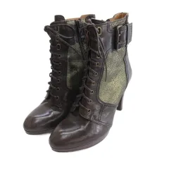 ランバンオンブルー LANVIN en Bleu レースアップ ブーツ ショート ヒール 23.5cm ブラウン ■GY43