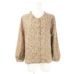 マジェスティックレゴン MAJESTIC LEGON ブラウス シャツ ラウンドネック 長袖 フリル 裏地あり クラシカル レトロ 花柄 M ピンクベージュ /CK18