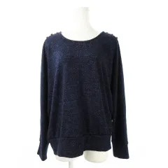 グローブ grove ニット セーター ラウンドネック 長袖 ラメ ワンポイント ボタン ゆったり M 紺 ネイビー /CK15