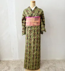 ウール着物　初心者セット　ウール着物・名古屋帯・帯締め　帯揚げセット　黄緑　抹茶色　くすみ　大正ロマン　レトロ　ヴィンテージ着物　japan kimono 　　#きもの猫田　T447