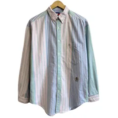 TOMMY HILFIGER トミーヒルフィガー 初期タグ ボタンダウンシャツ コットンシャツ ストライプ ポケット付き 長袖シャツ ワンポイントロゴ 刺繍 マルチカラー 薄ピンク×ライトブルー×ライトグリーン Mサイズ No.M242