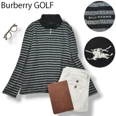 【美品】 日本製 バーバリー ゴルフ Burberry GOLF ショートジップ ハイネック コットン ニット カットソー レイヤード ナイトロゴ 刺繍 L ボーダー 灰 x 黒 レディース♪